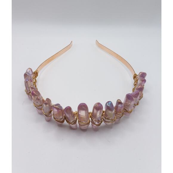 Gold Tone Quartz Crystal Tiara Headband – Electroplated Gemstone Crown - Picture 2 of 5